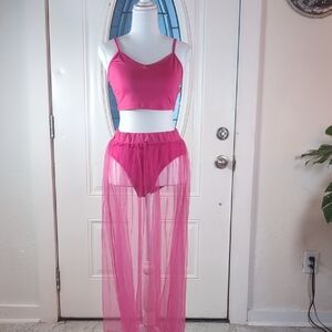 SHEIN Vibrant Pink Mesh Chemise 2 Piece Set, Vacationcore! Pool Party!